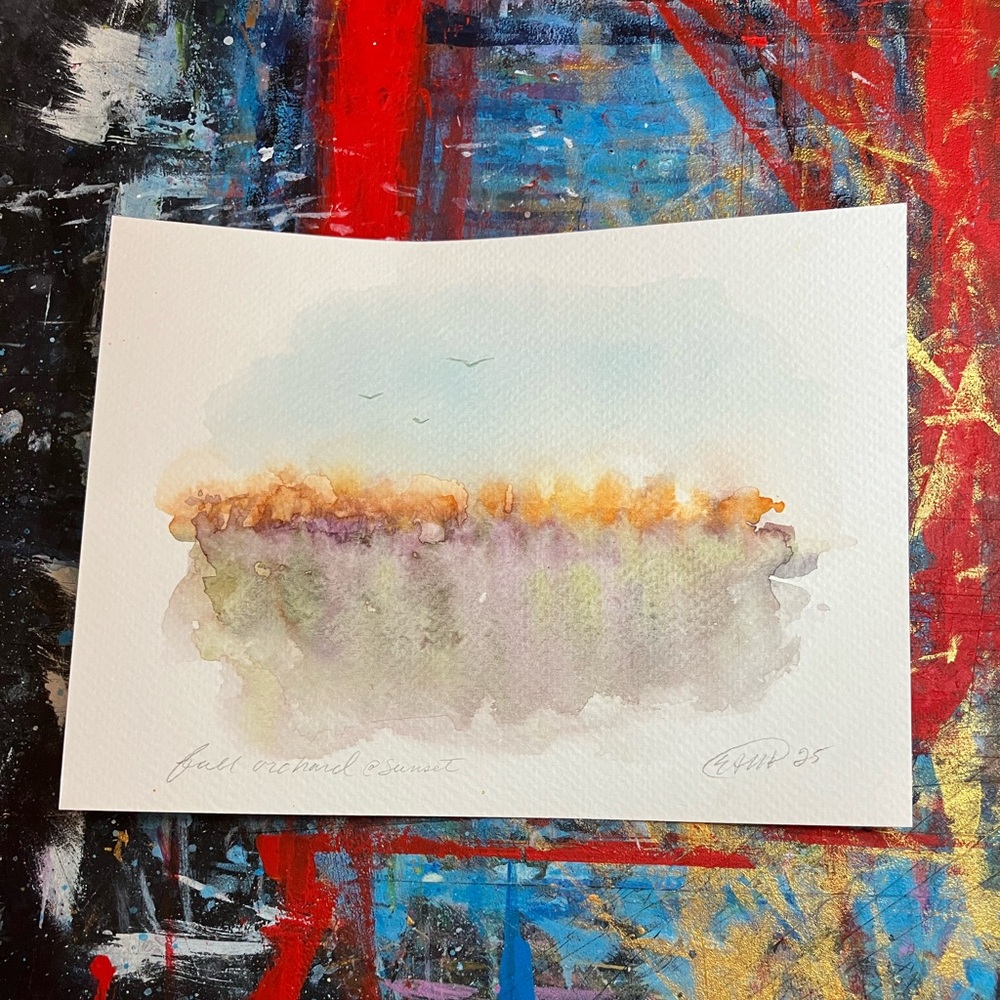 ORIGINAL Fall orchard painting sunset landscape farm art watercolor home decor